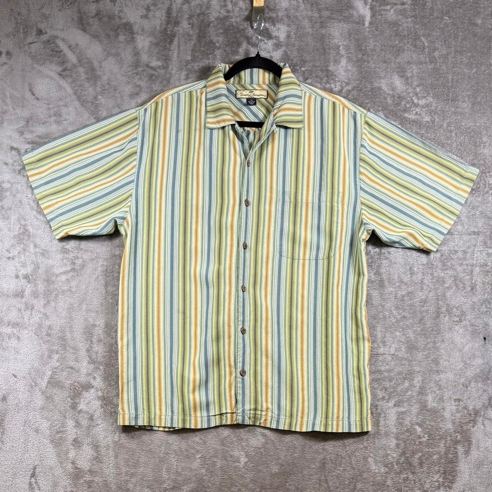 Tommy Bahama 100% Silk Camp Shirt Medium Striped Hawaiian Resort Coastal Luxury‎